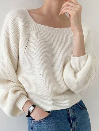 冬季新款软糯针织打底衫女士洋气束腰毛衣灯笼袖上衣