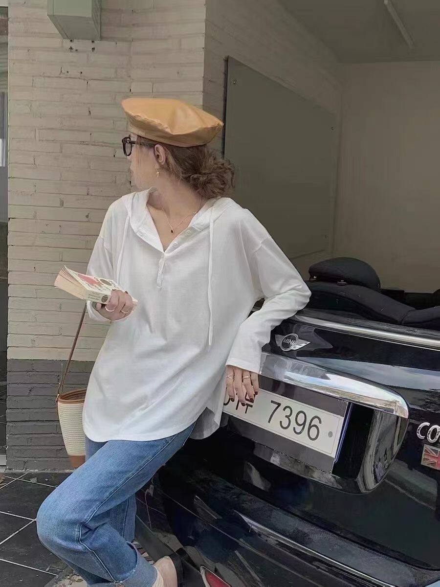 2026春季新款韩版宽松显瘦百搭休闲连帽长袖T恤女