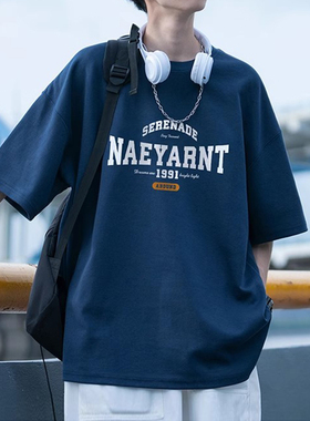 日系少年感藏青色五分短袖t恤男款夏季潮流潮牌宽松大码男生上衣