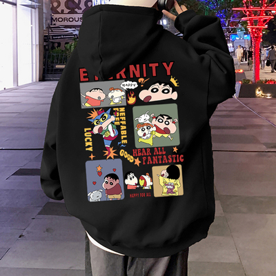 蜡笔小新美式复古连帽卫衣男秋冬oversize潮牌青少年大码情侣帽衫