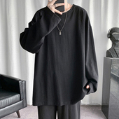春秋季 上衣服 内搭打底衫 纯色长袖 t恤男生ins港风宽松纯黑圆领大码
