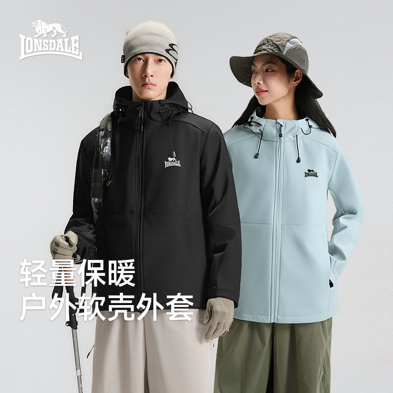 龙狮戴尔户外防泼水软壳衣夹克男女同款休闲加绒保暖防水连帽外套
