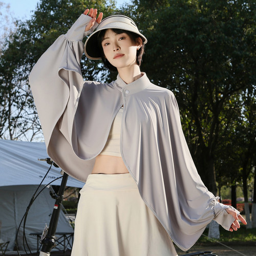 防晒披肩女夏季开车骑车空调衫罩衫斗篷透气宽松长袖冰丝薄款外套