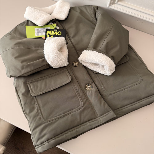 儿童羊羔毛翻领日系棉服外套冬款男女童保暖加厚军绿色加绒棉衣