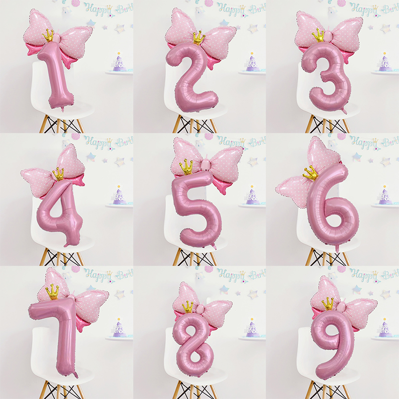 蝴蝶结粉色皇冠数字气球女孩生日仪式感装饰公主宝宝周岁拍照布置