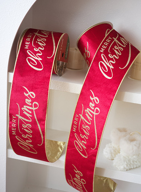 RLRTi高品质烫金红色绒布merrychristmas蝴蝶结圣诞树装饰品织带