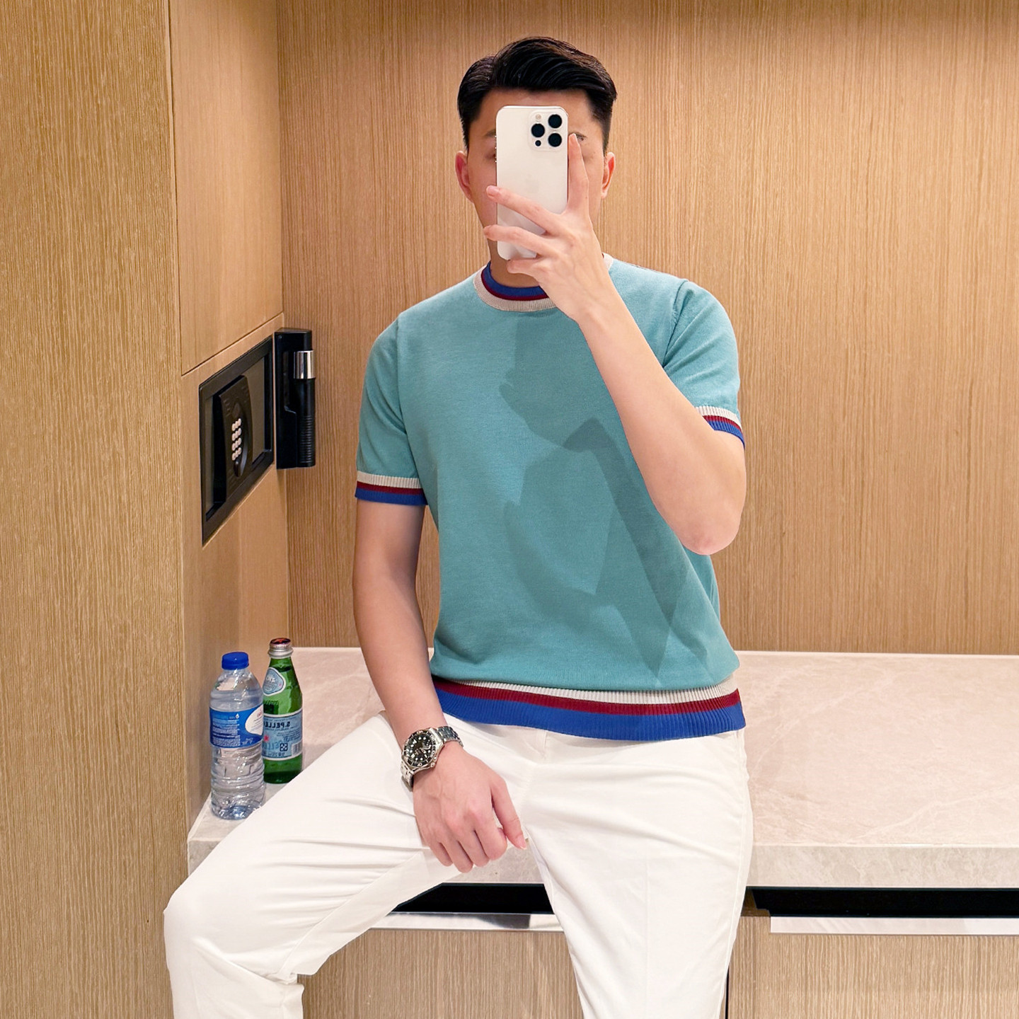 时尚高级拼色条纹修身短袖男款 夏季新款冰丝透气针织衫圆领t恤男