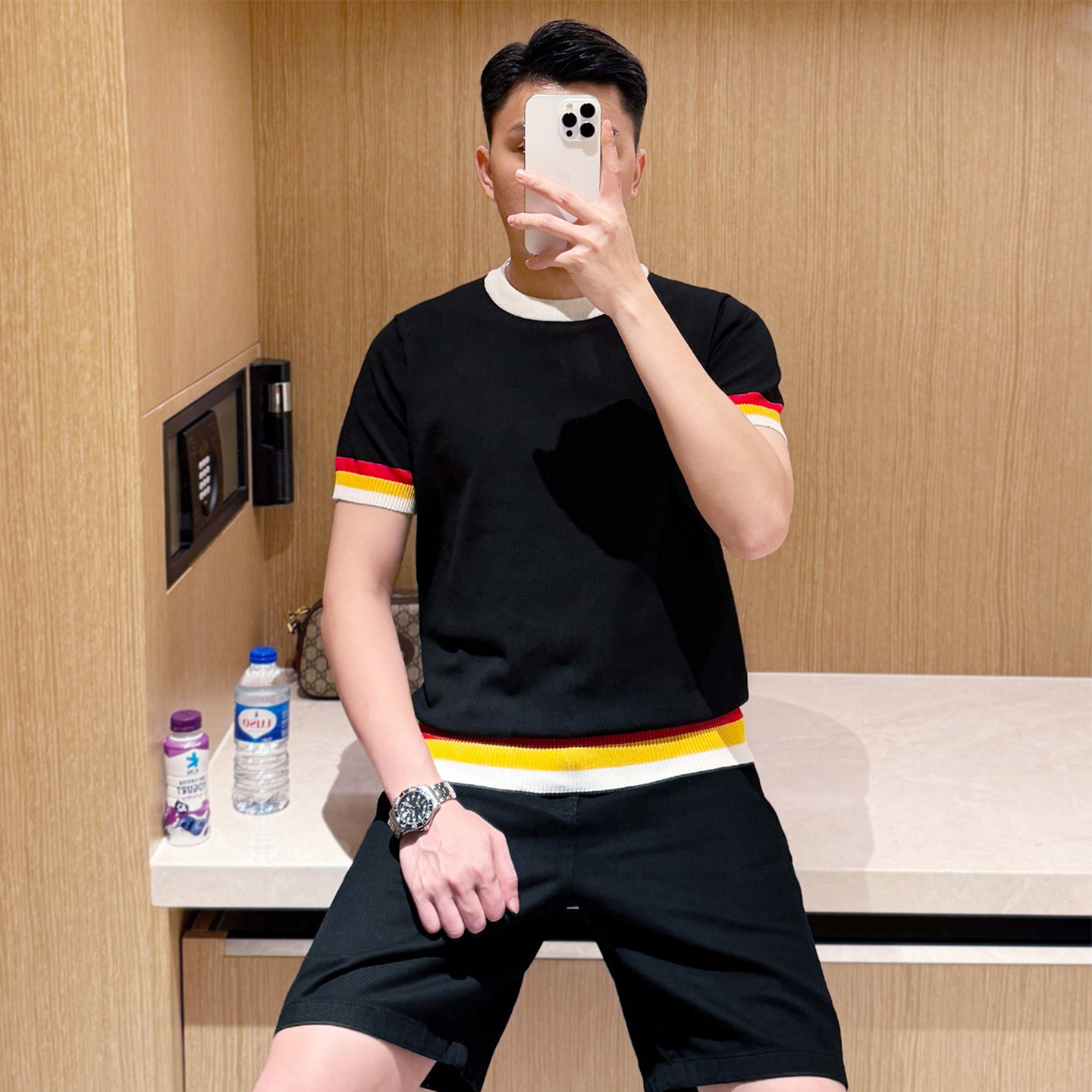 秋季衣服男款内搭上衣打底衫男 轻奢风高级拼色条纹修身短袖男t恤