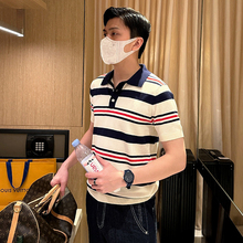 高级拼接条纹针织上衣年轻男士短袖 夏季新款带领t恤修身polo衫男