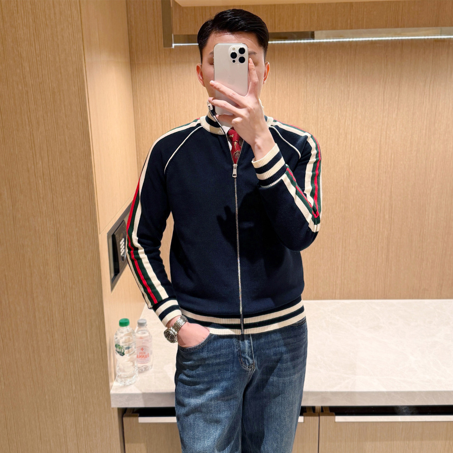 法式奢侈时尚拼色修身男士针织开衫秋季新款立领毛衣拉链外套男款
