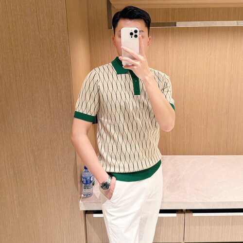 夏季短袖商务菱形格纹针织polo衫