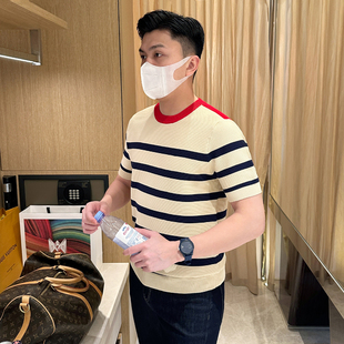 复古老钱风针织肌理t恤短袖男 秋衣男款上衣休闲拼色条纹打底衫男