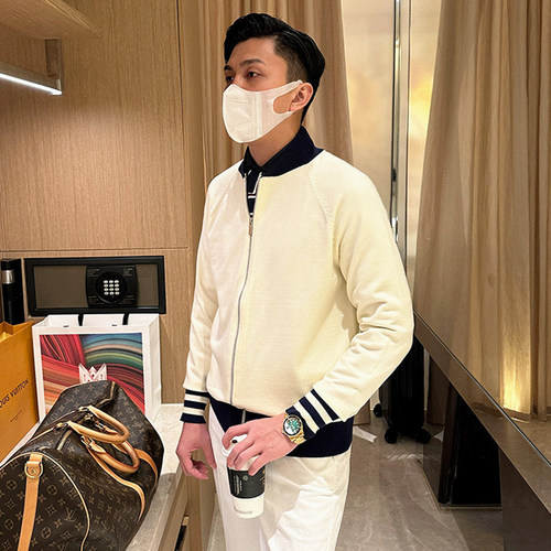 开衫针织棒球领拼色毛衣外套休闲