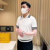 精致针织肌理翻领短袖 拼色条纹polo衫 t恤 新款 男 时尚 英伦复古男装