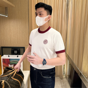 时尚复古拼色衣服男款短袖t恤 夏季新款休闲白色修身刺绣针织上衣