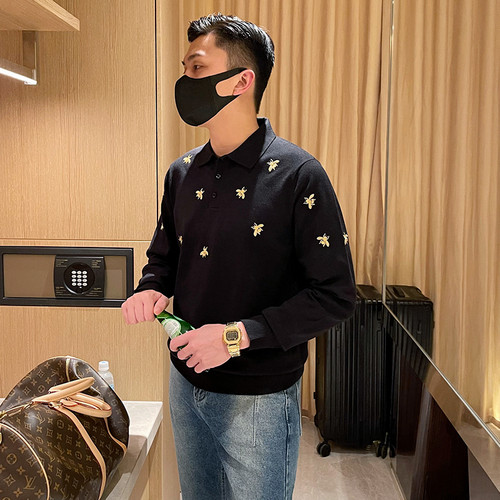 秋冬长袖潮流小蜜蜂刺绣polo衫