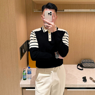 针织polo衫 英伦雅痞男装 复古修身 新款 男 高级拼色商务翻领上衣时尚