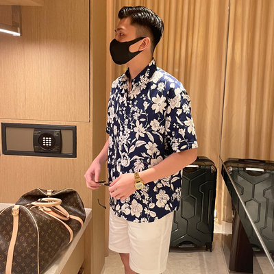 夏季夏威夷印花尖领休闲短袖衬衫