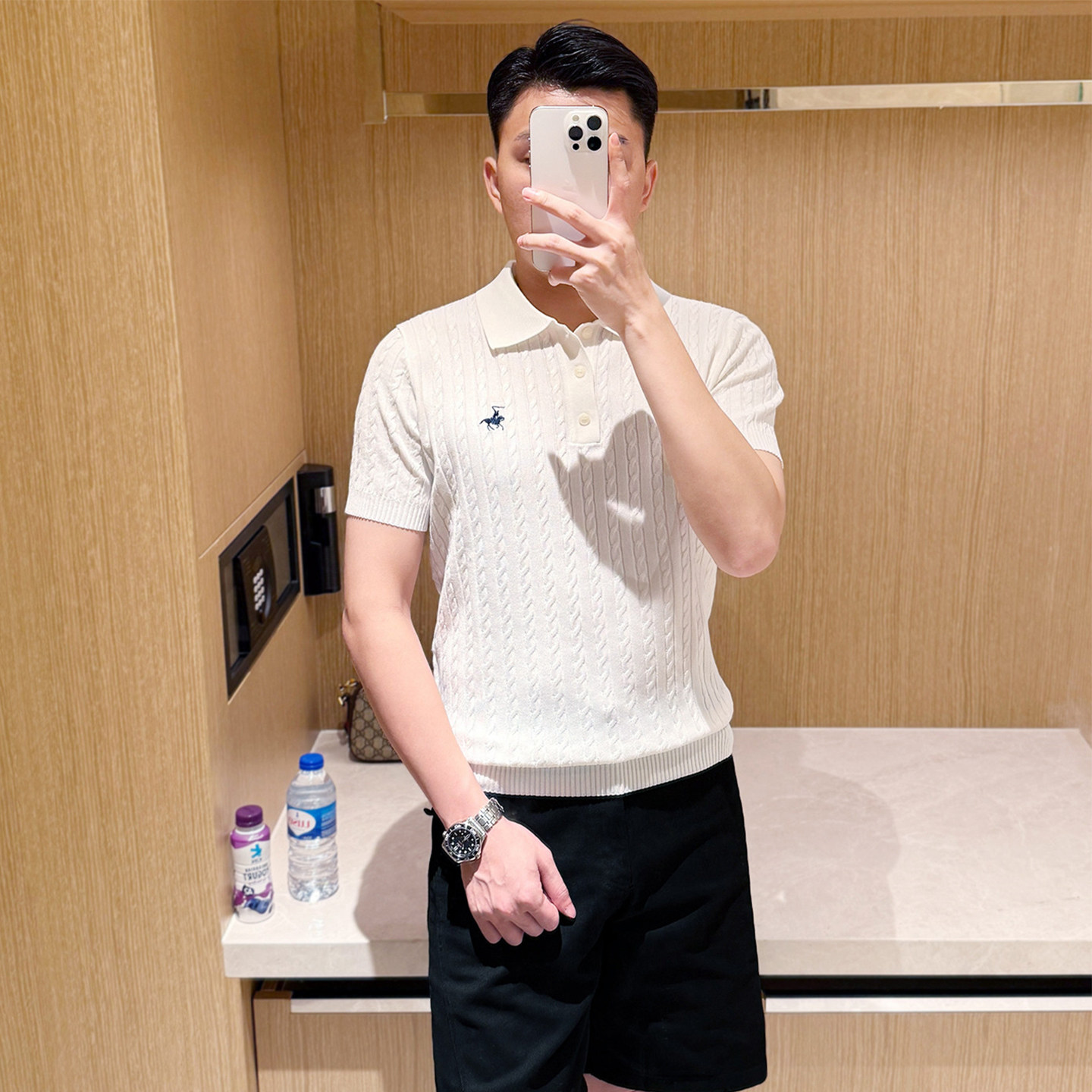 夏季新款修身翻领t恤polo衫男款刺绣 时尚商务高级白色针织短袖男