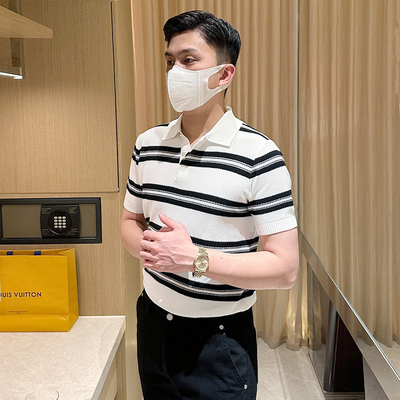 夏季商务复古拼色条纹短袖polo衫