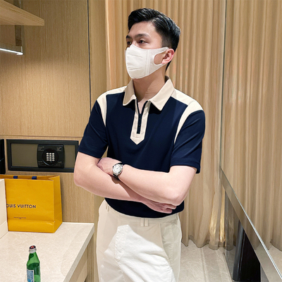 夏季时尚拼色上衣休闲短袖polo衫