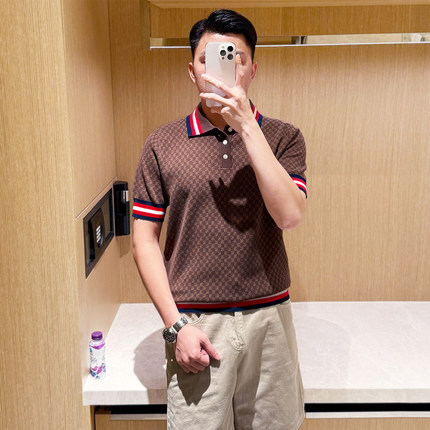 复古针织提花翻领上衣男士短袖t恤 夏季新款男士polo衫轻奢高级感