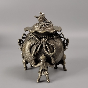 须贺月芳造宝袋形洋银制日本铜香炉薰香炉洋银香炉日本回流茶具