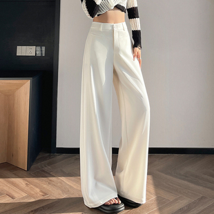 新款 米白色西裝 女2025春夏季 高腰顯瘦垂感加長(zhǎng)直筒拖地褲 闊腿褲 子