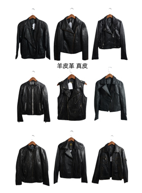 古着皮衣vintage斜拉机车短款修身夹克女士长袖绵羊皮y2k外套PY10