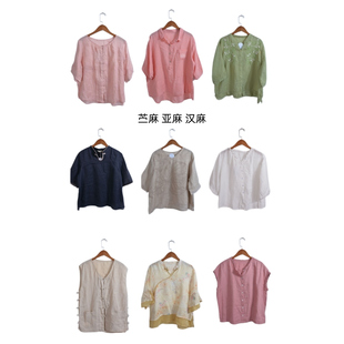 古着vintage复古春夏汉麻苎麻亚麻短袖衬衫上衣女装ML17