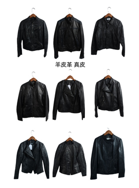 古着皮衣vintage斜拉机车短款修身夹克女士长袖绵羊皮y2k外套PY1