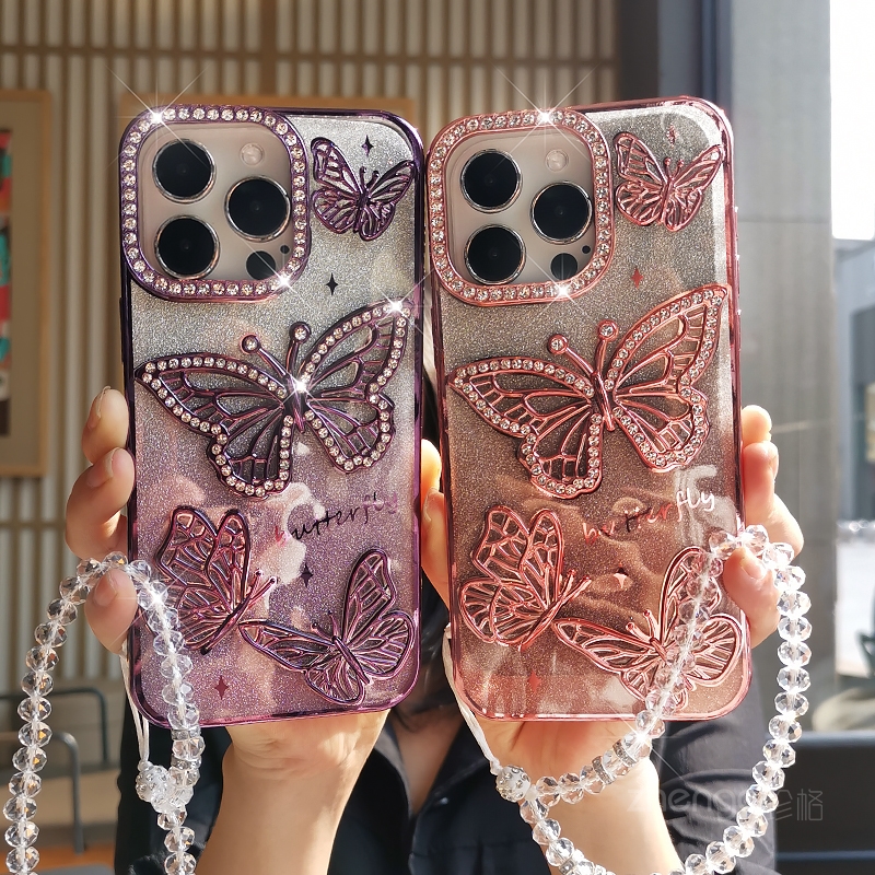 水晶手链挂绳蝴蝶闪粉手机壳