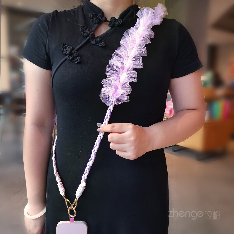 网纱手机挂绳斜挎长款女士小众三股马尾辫编织绳清新户外旅游出行包包链带子防掉摔电话套壳可肩背带2025新品