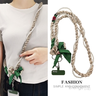 新品 斜挎珍珠丝巾手机挂绳ins女时尚 小香风户外可背带绳子旅游出行包包链手机壳电话套侧背肩带高档挂链长款