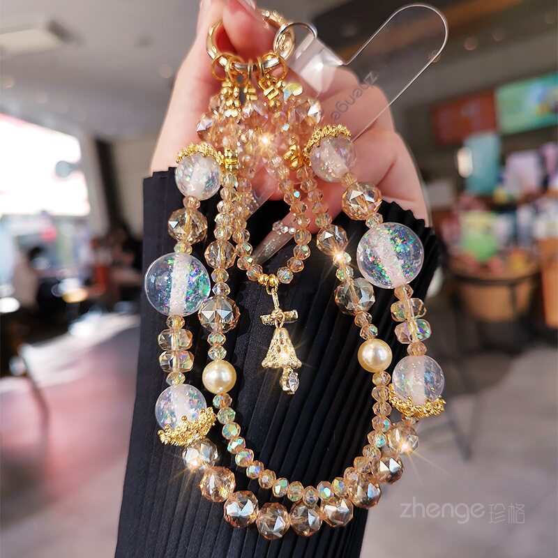 金色风铃水晶珠手机链挂件ins女时尚轻奢小众精致高级感吊坠饰钥匙扣挂包包户外旅游行防丢套壳手机挂绳新款