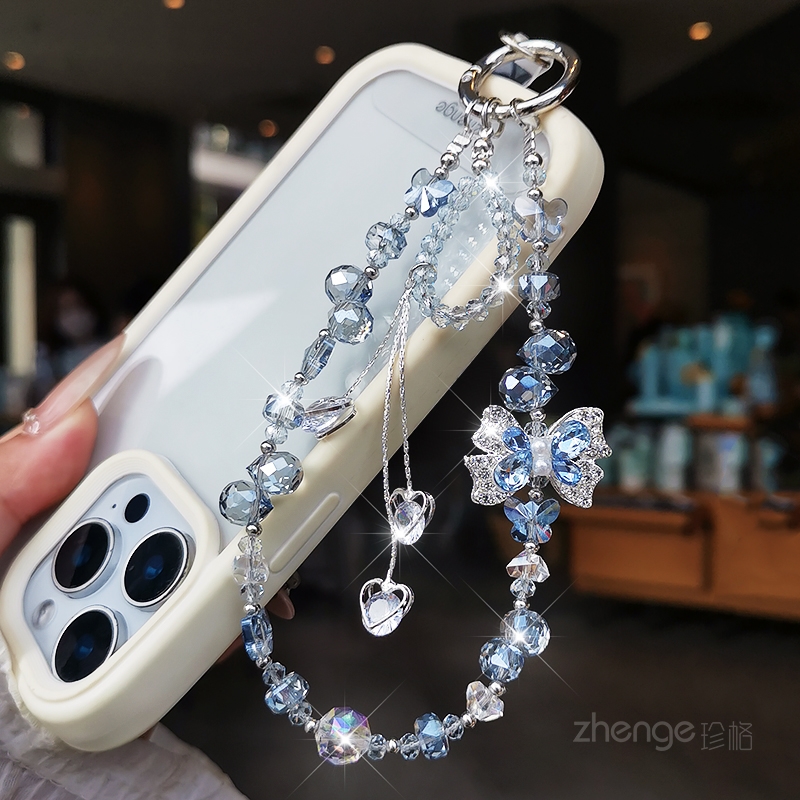蝴蝶水晶手机链女超好看闪钻串珠