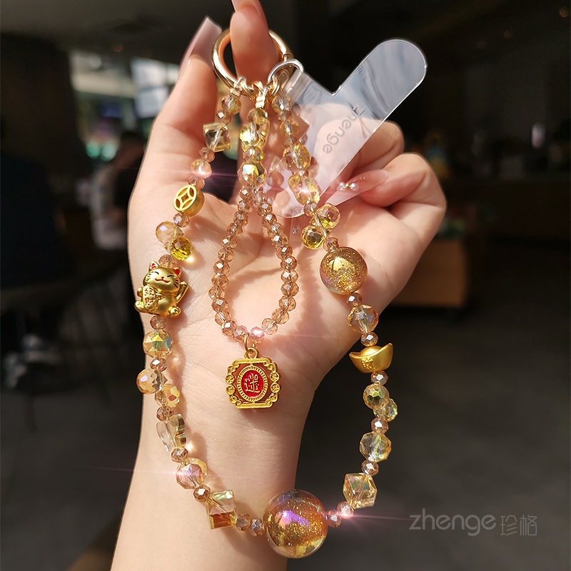 招财猫水晶手机链女手腕吊坠挂件