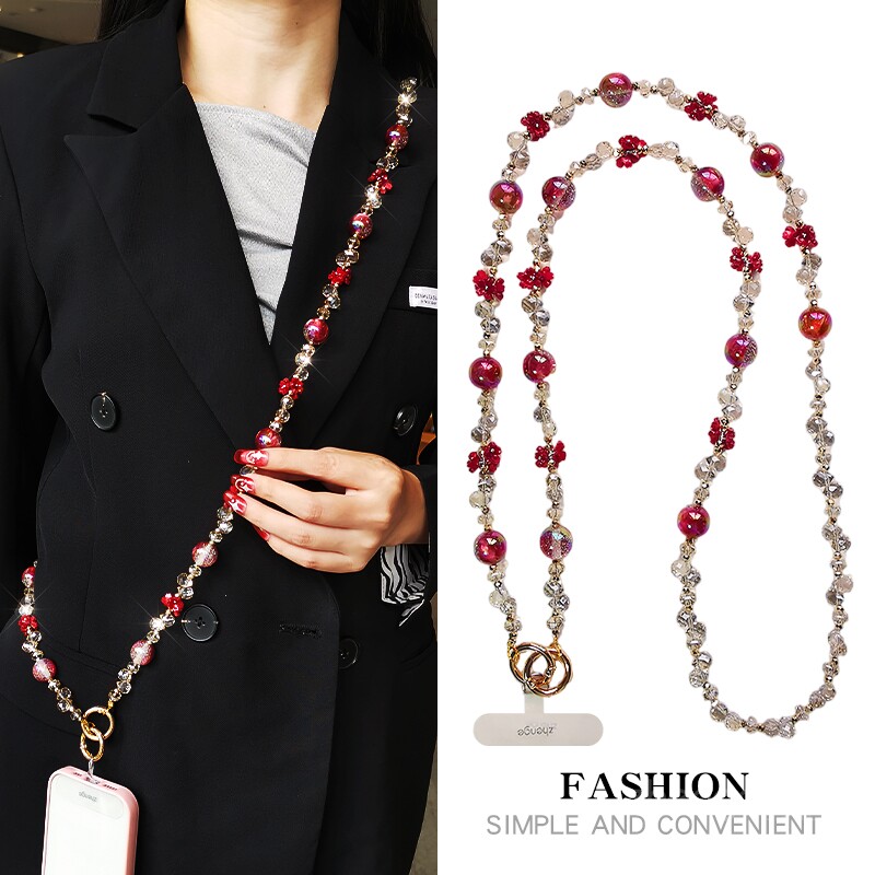 手机挂链斜挎高级感星空珠水晶串珠挂件ins女精致户外可背带链子长款旅游出行包包链手机壳电话套挂绳新品