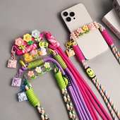 手机挂绳笑脸标双扣编织绳手机壳通用背夹式 可背可斜挎牢固防摔手机绳卡通小花小清新ins风