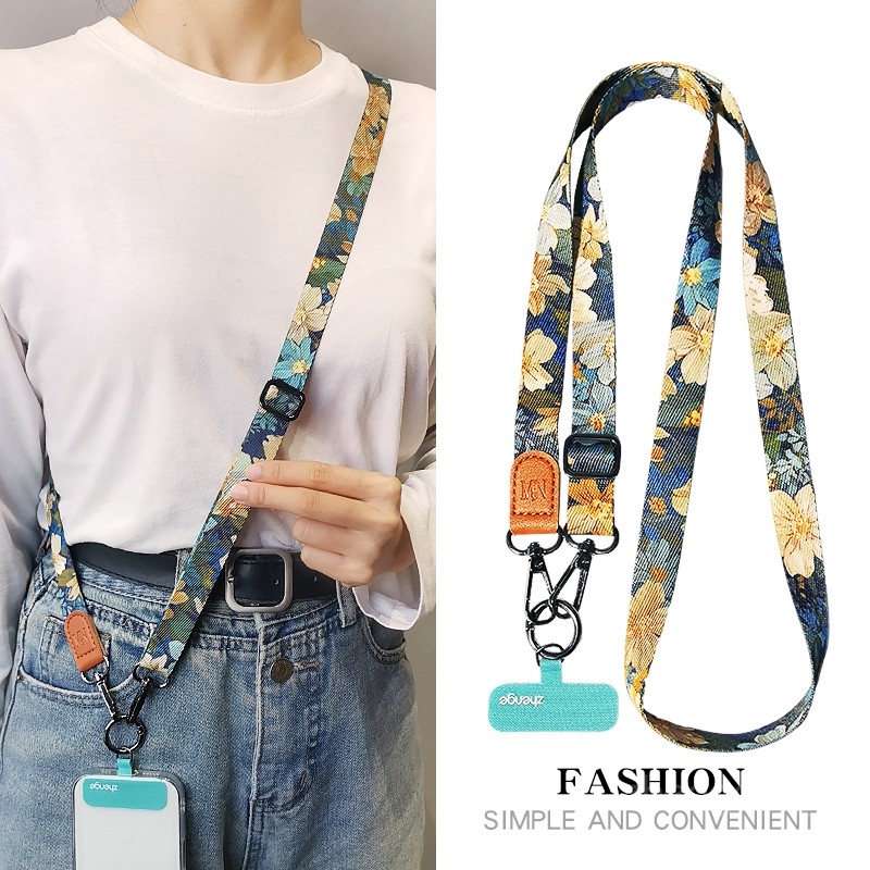 斜挎手机挂绳可调节花朵彩绘织带挂脖不勒长款结实耐用户外男女登山旅游行包包相机电话套壳肩背带子通用新品