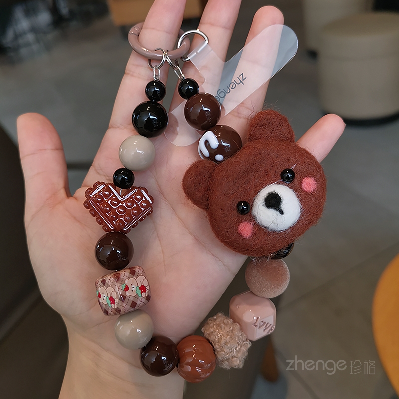 卡通毛绒小熊珠子手机链ins时尚女士手腕挂饰手机壳包包钥匙扣挂件串珠挂链短款户外出行旅游逛街手提链挂绳