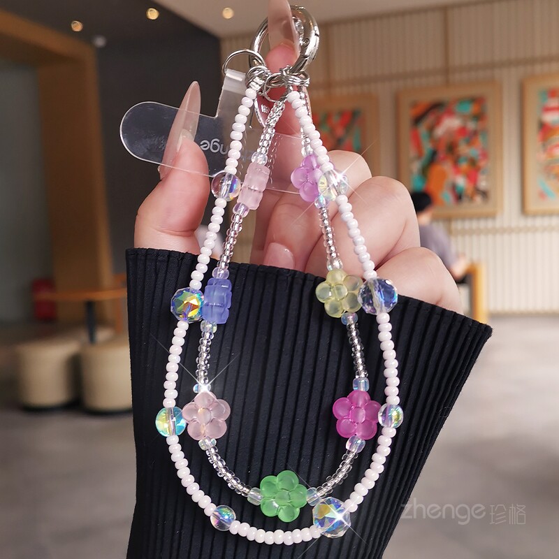 手机链串珠时尚水晶手腕挂件彩色花朵手腕式钥匙扣便携挂饰蝴蝶结星星超好看多巴胺户外旅游行手机挂绳新款