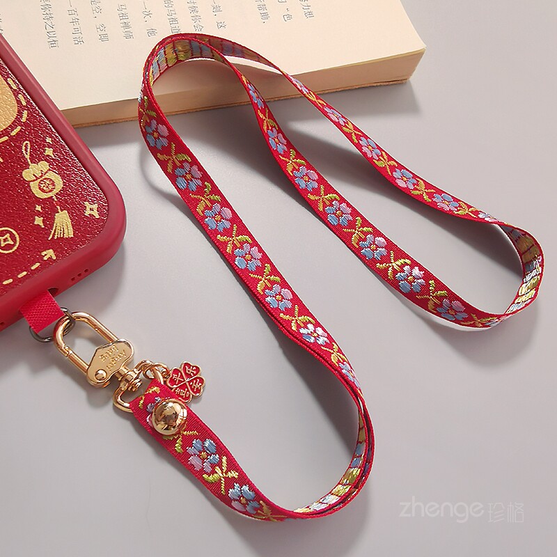 国风红刺绣挂脖手机挂绳织带女