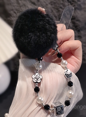 小香风山茶花手机挂链ins时尚女士黑白色系手链手腕短款手机壳挂件串珠挂饰户外防丢防盗手提链手机挂绳通用