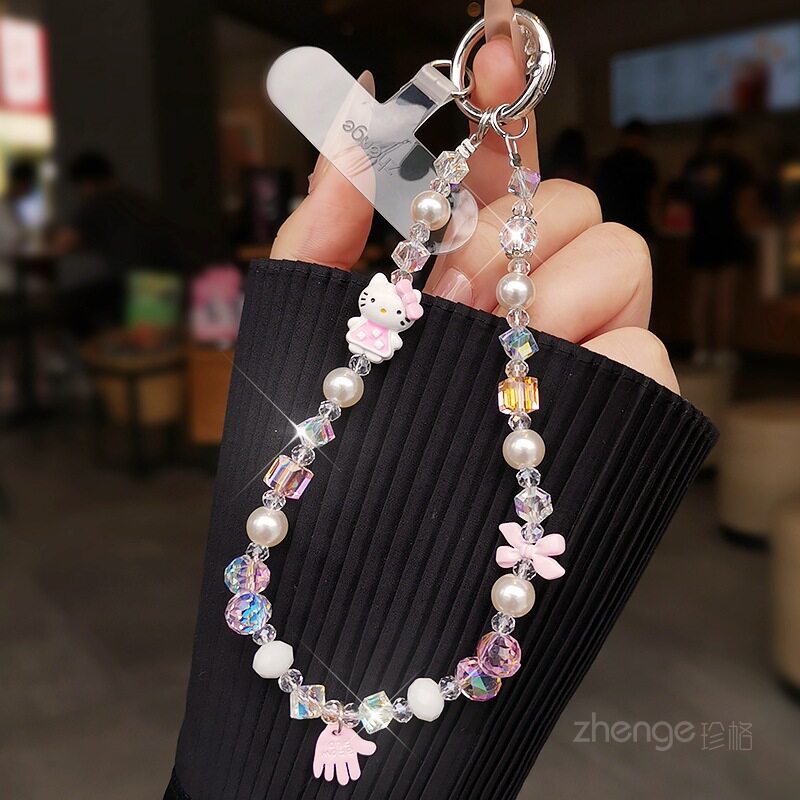 可爱猫咪手机链挂件ins卡通小清新串珠吊饰女挂包包钥匙户外旅游出行逛街防丢手提链条腕带手机壳挂绳短新款