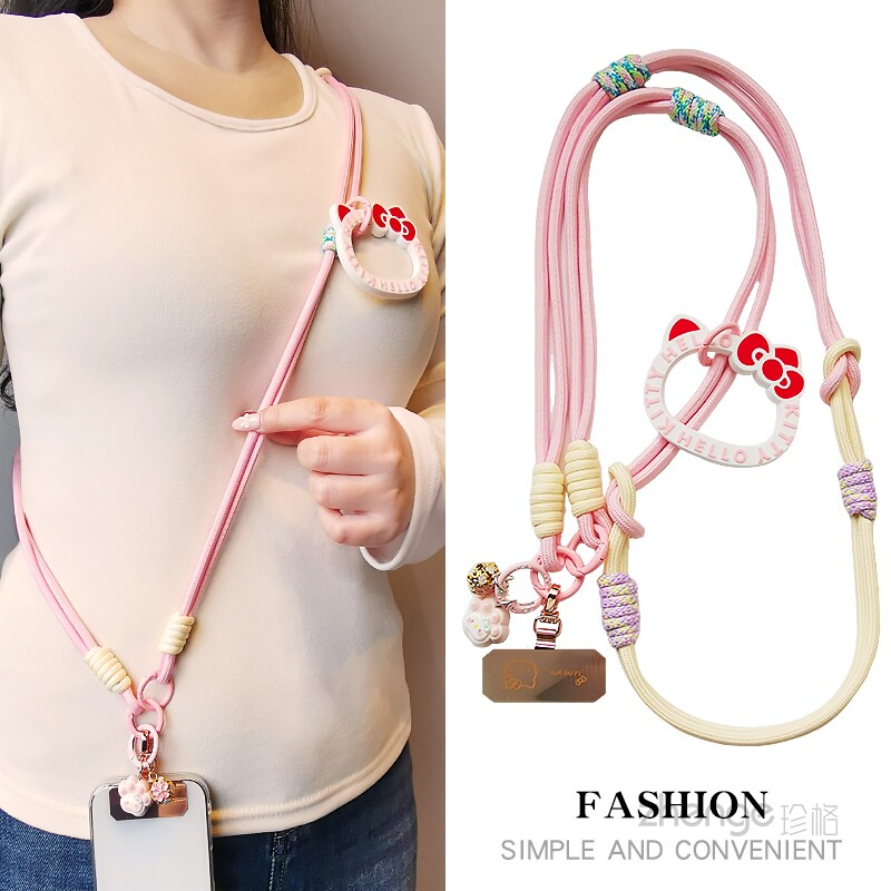 手机挂绳女斜挎长款可爱猫猫挂件吊坠小饰品编织结实耐用五金垫夹片户外登山旅游行电话套壳肩背带子通用新款
