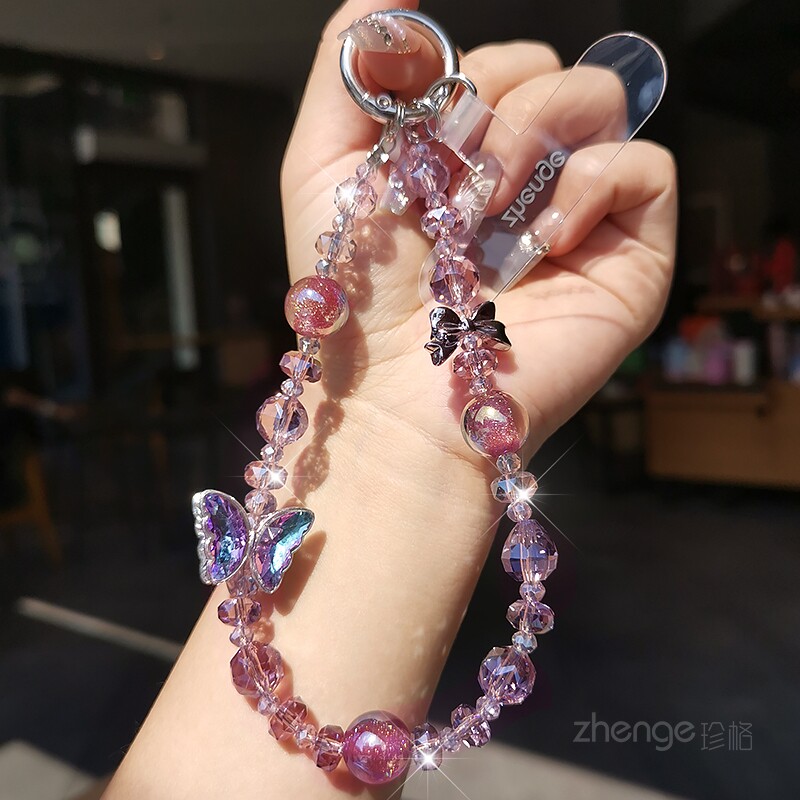 蝴蝶星空水晶手机链挂绳ins女手腕超好看串珠吊坠饰品小众精致高级感户外旅游防丢套壳相机链子手机挂绳新款