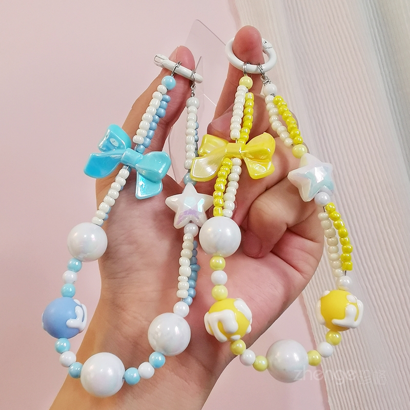 星星蝴蝶结涂鸦圆珠手链女款ins简约时尚小清新糖果色多巴胺手机挂链挂饰手提手腕挂饰夹片式手机壳吊绳手串
