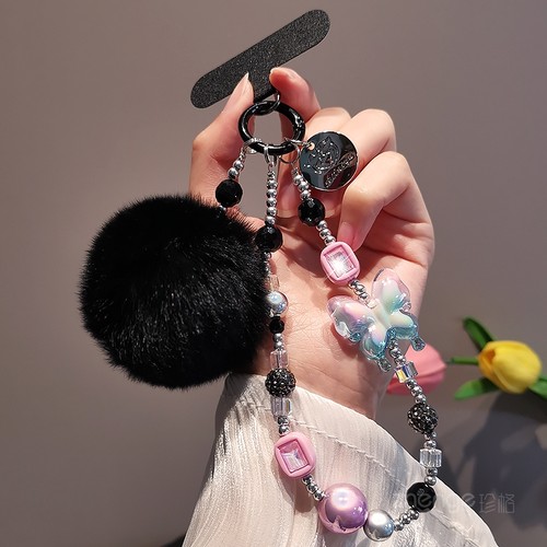 蝴蝶满钻圆珠毛球手机链挂绳女