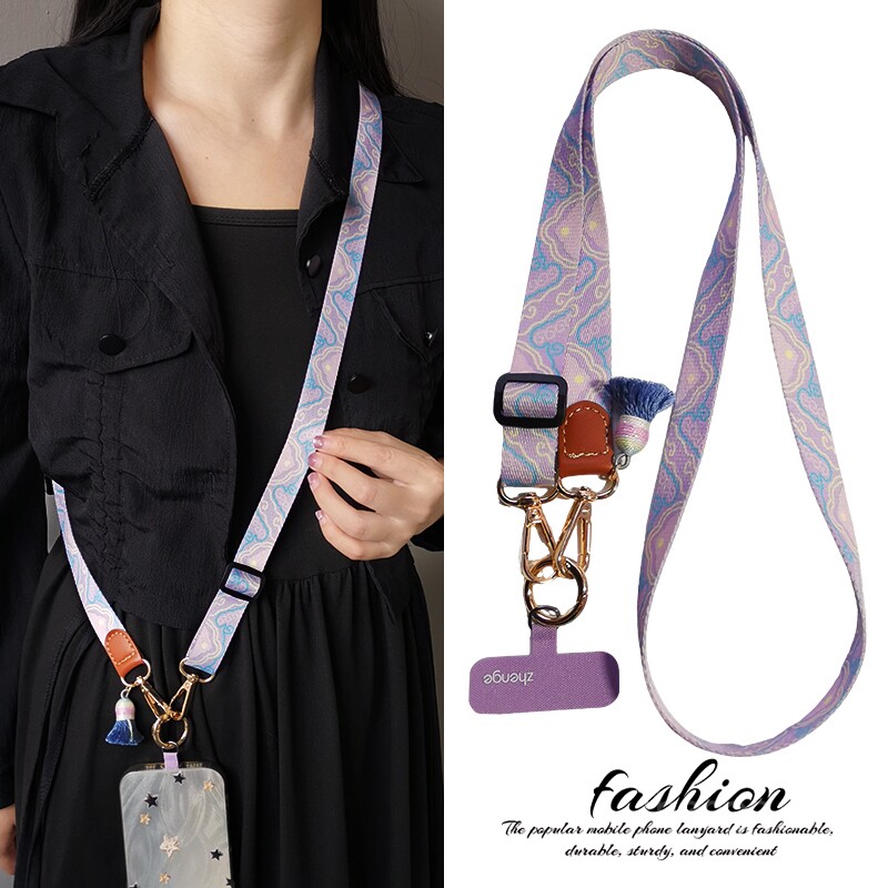 手机挂绳斜挎国风流苏祥云纹织带可调节长款不勒挂脖结实耐用户外登山旅游行包包套壳相机小蜜蜂肩背链子新品